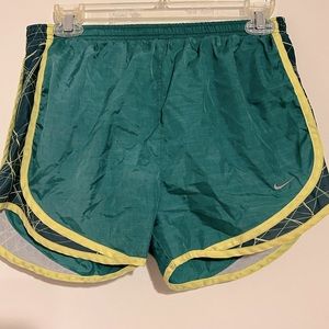 Nike dry, fit, athletic shorts, women’s size, small, green, and yellow
